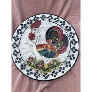 CBK Ltd Decorative Rooster Plate Vintage Farmhouse 11" 1998 Blue White Border